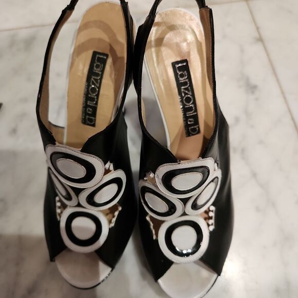 Lanzoni & B  Black and White Chunky Heeled Slingback Shoes Size 8 - Picture 5 of 5
